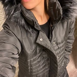 Long black winter coat — oversized hood